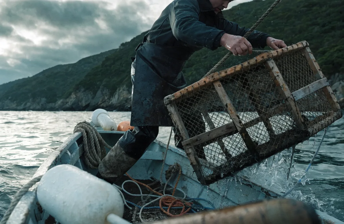 A UK crab and lobster potter hauling a pot off the coast
