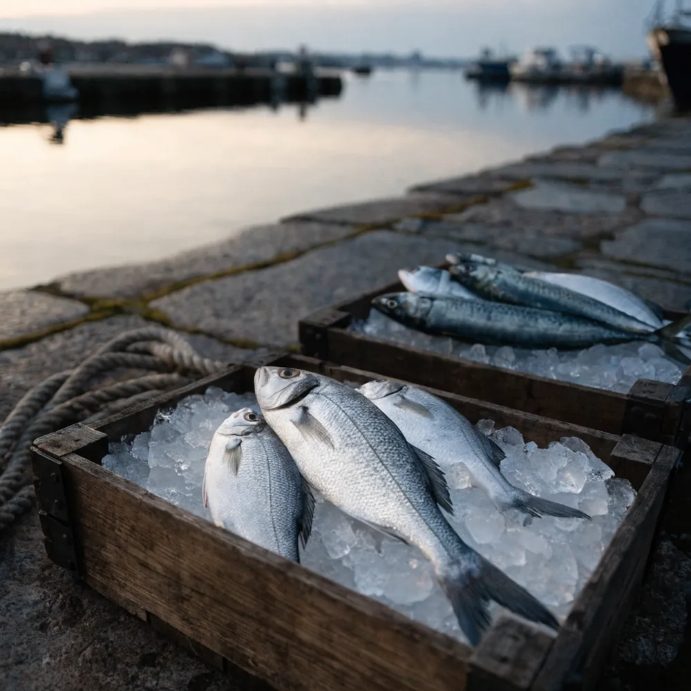Fresh whole fish resting on crushed ice at a stone harbour quayside at dawn